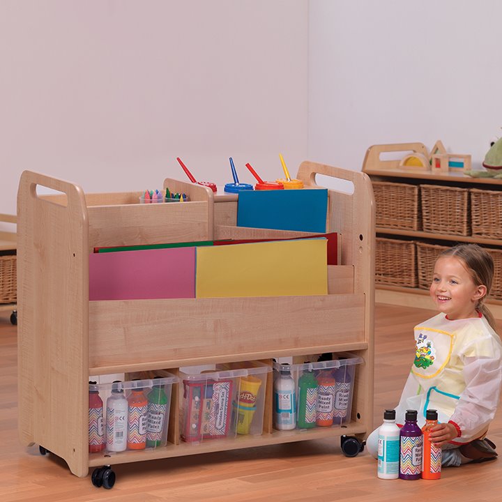 Double sided trolley unit with shelves and compartments for art supplies