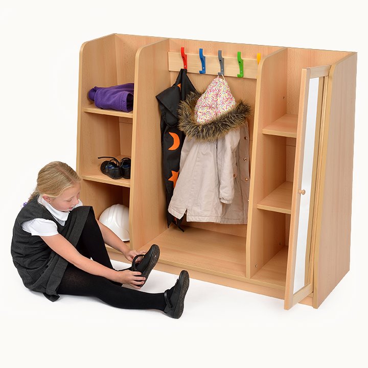 Beech faced MFC storage unit for dress up with multicoloured hooks, a mirror door and shelves