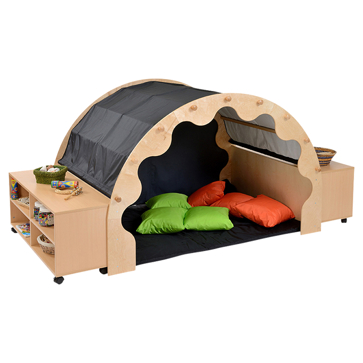 Black canopy and bookcases play pod