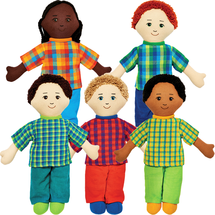 Five types of soft multicultural dolls