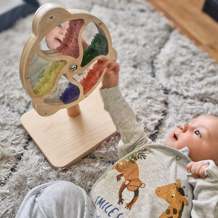 Sensory wooden baby toy with coloured beads