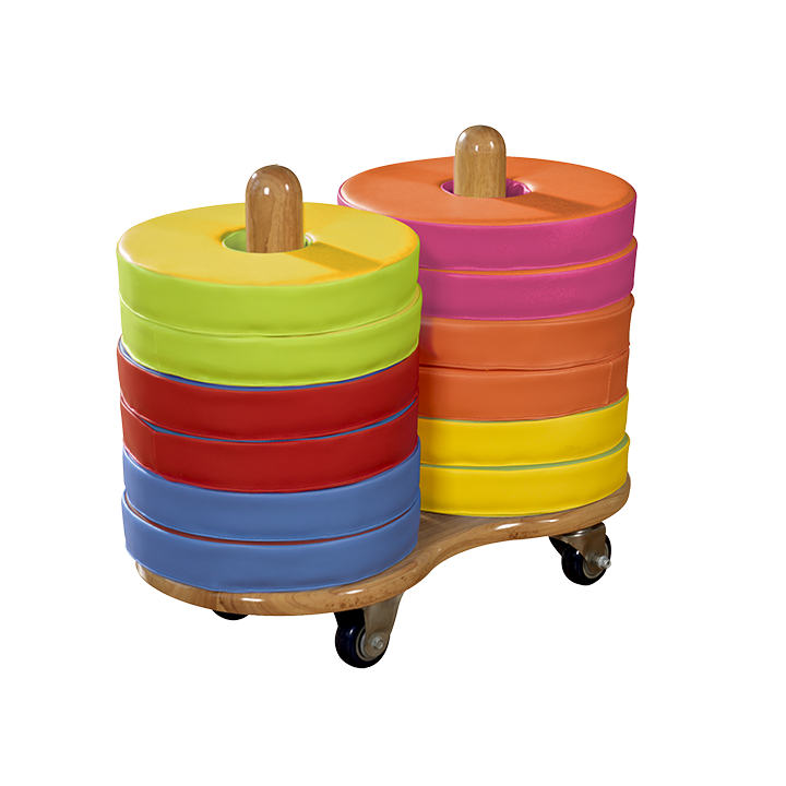 Wooden trolley with 12 stacked cushions
