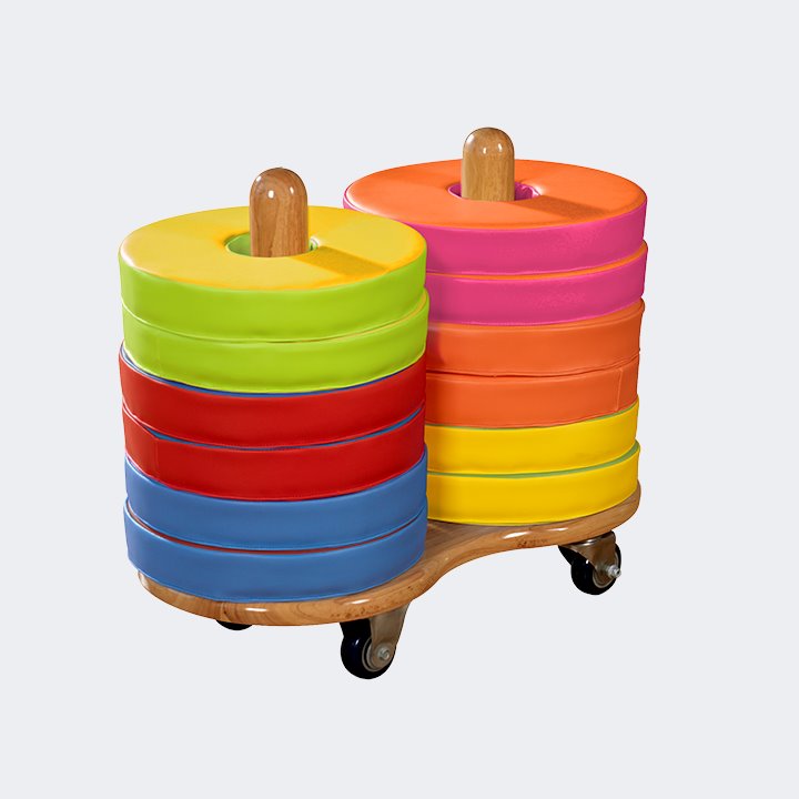 Wooden trolley with 12 stacked cushions