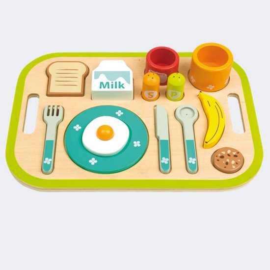 Wooden pretend breakfast food and tray