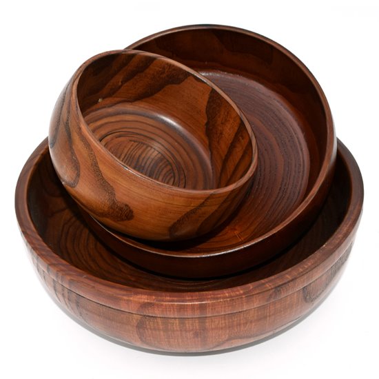 Trio of handcrafted wooden bowls ideal for messy play
