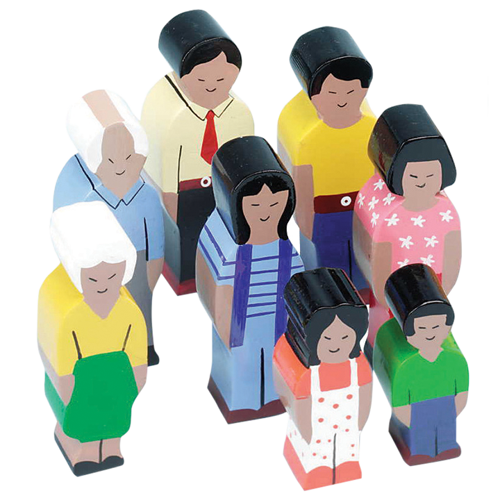 Wooden figures each family has 8 members and represents 3 generations