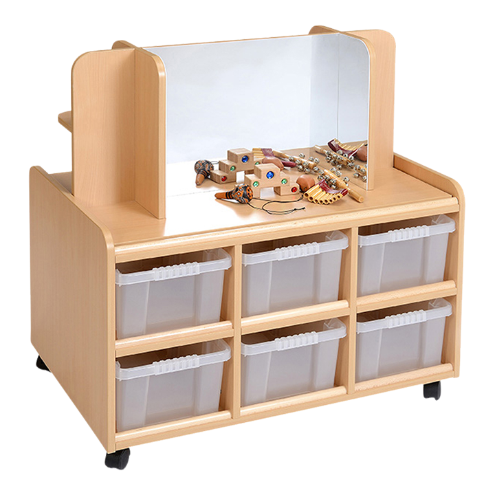 Double sided unit with storage compartments on the bottom and a mirror doubled with a shelf on top.