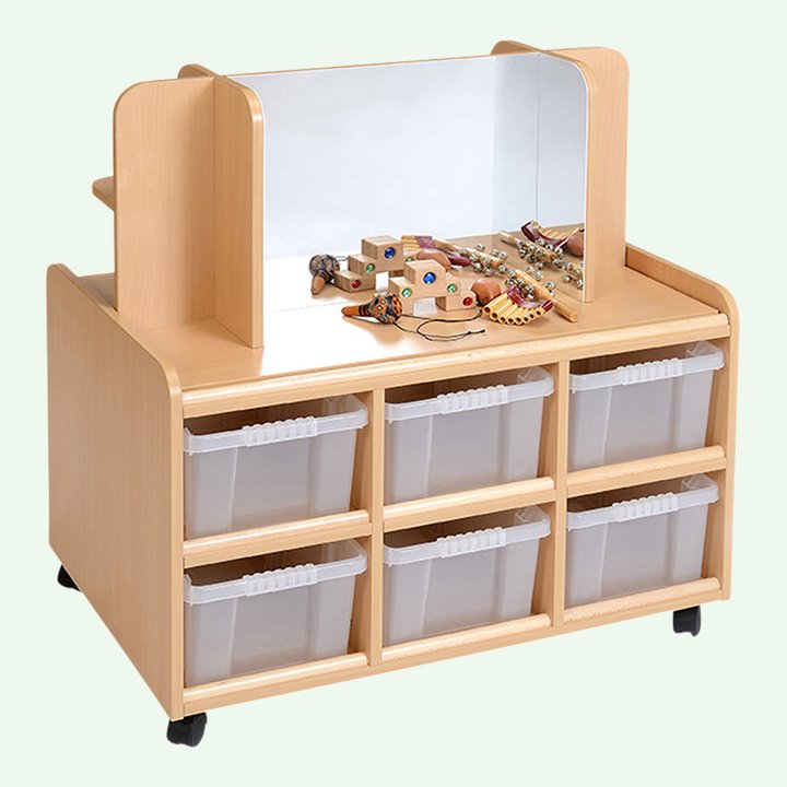 Double sided unit with storage compartments on the bottom and a mirror doubled with a shelf on top.