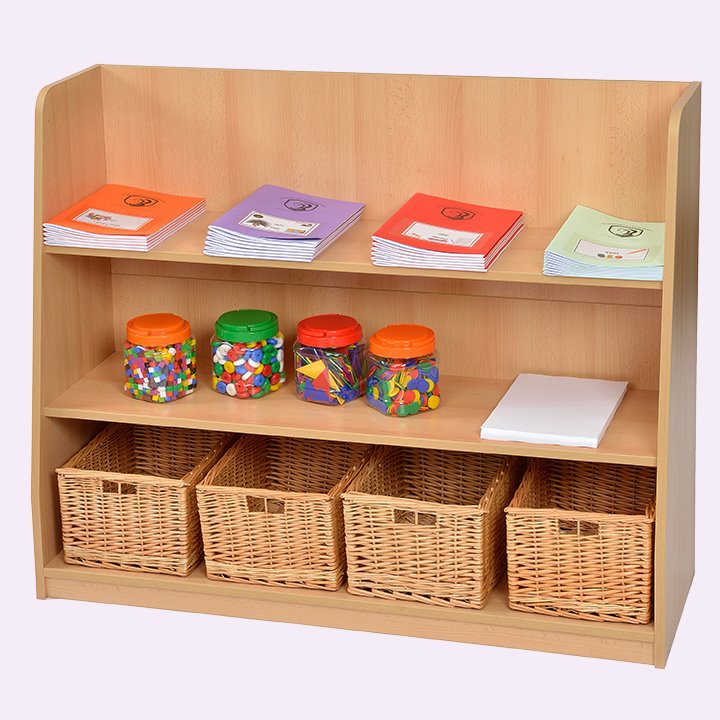 Beech faced MFC shelving unit with cubby hole baskets