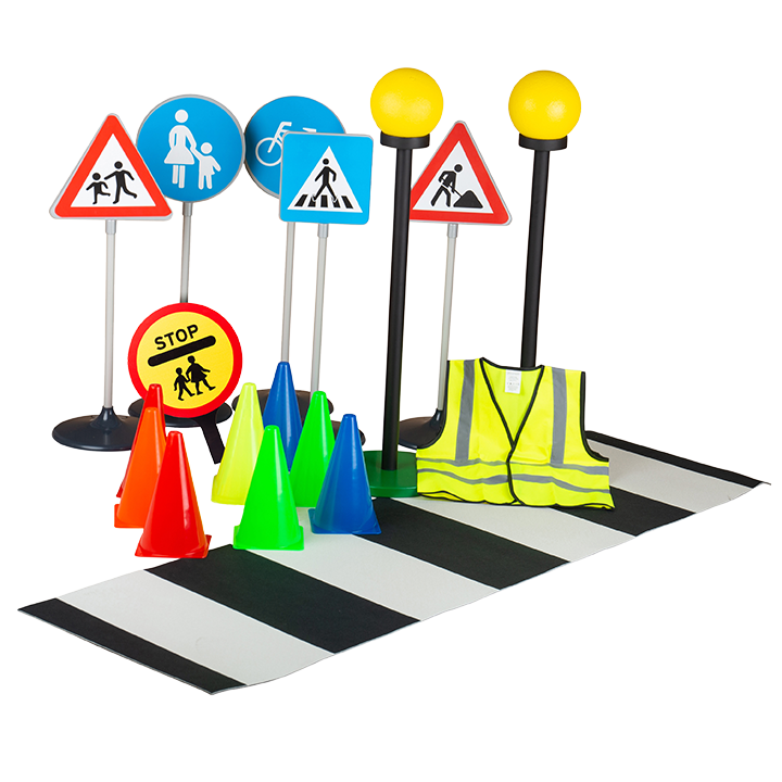 A large set including signs, cones, high vis vest, zebra crossing and lights