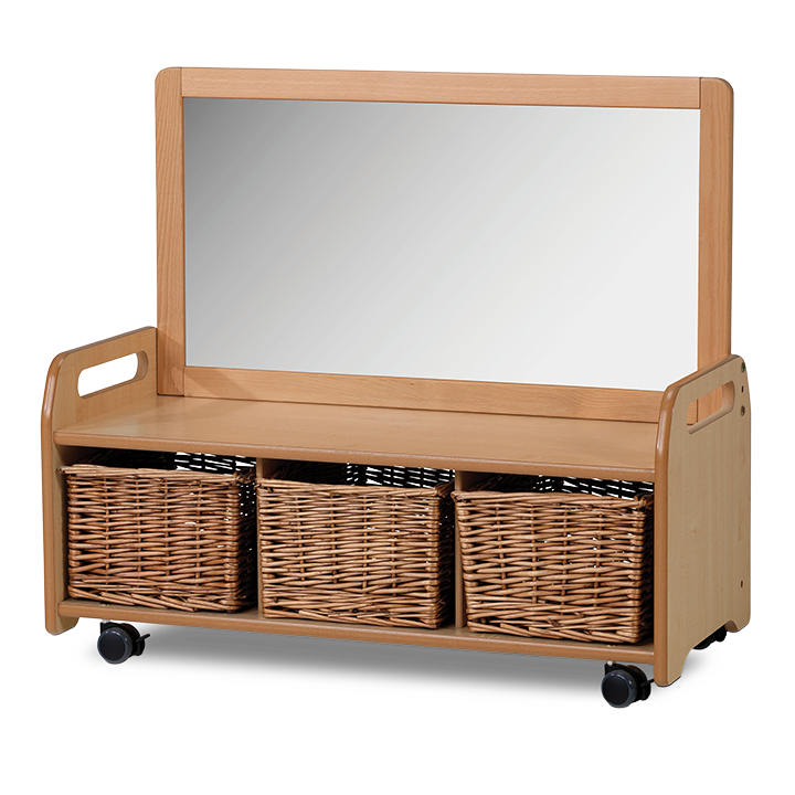 Wheeled low level storage unit with mirror panel