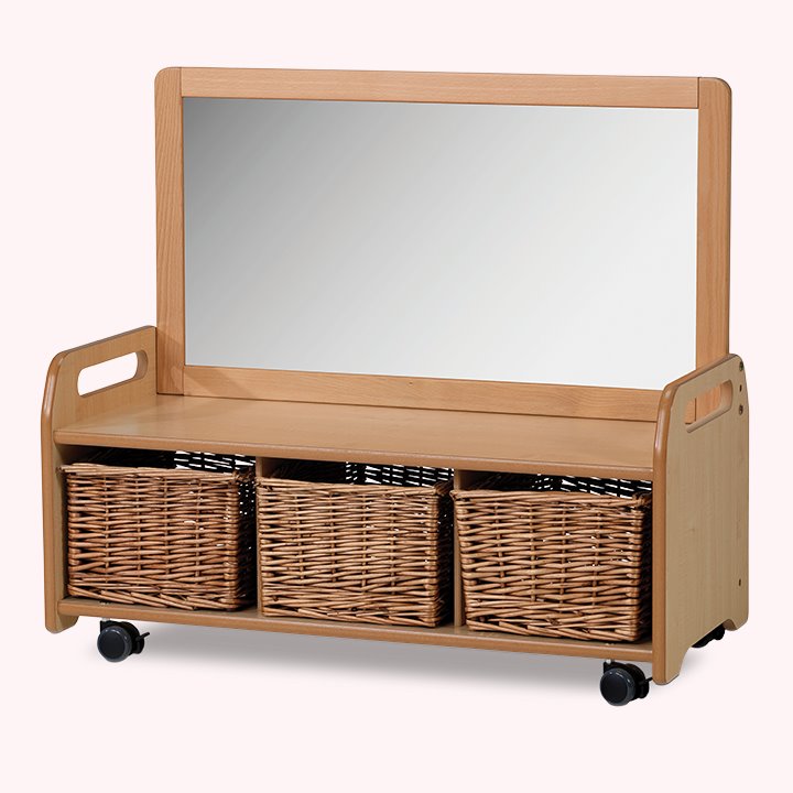 Wheeled low level storage unit with mirror panel