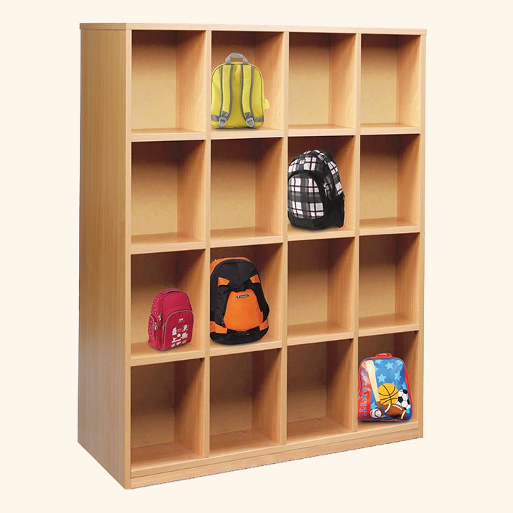 Beech faced MFC open shelf bag storage unit with 16 cubbies