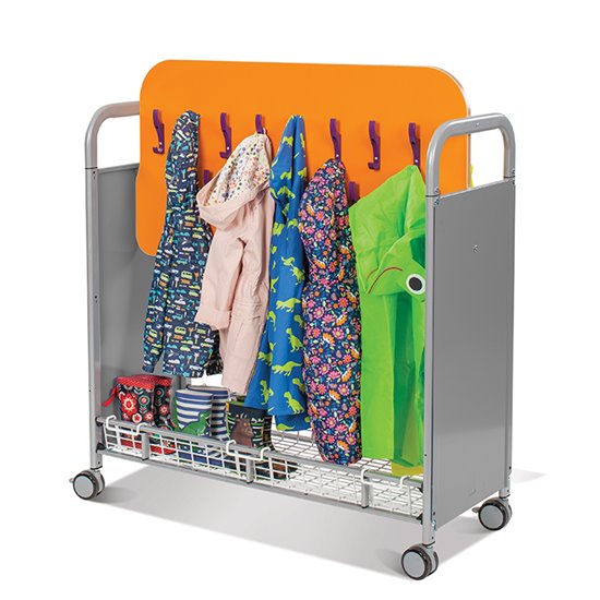 Cloakroom trolley with double hooks and wire baskets