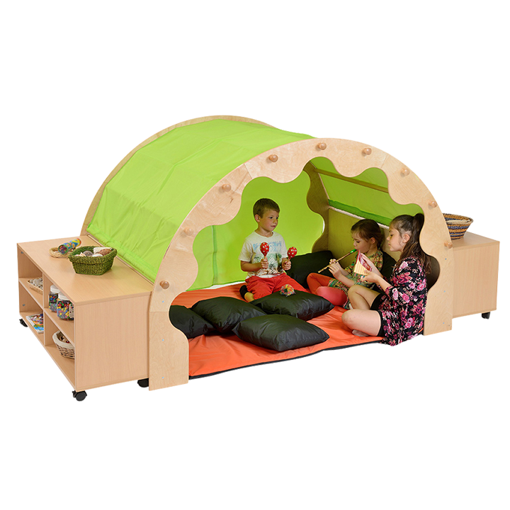 Green canopy play pod children playing bookcases