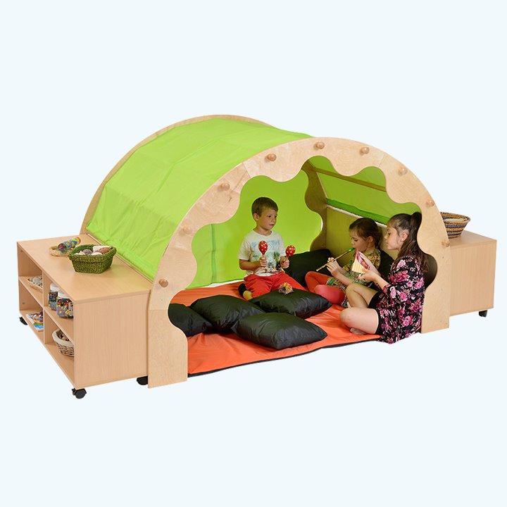 Green canopy play pod children playing bookcases