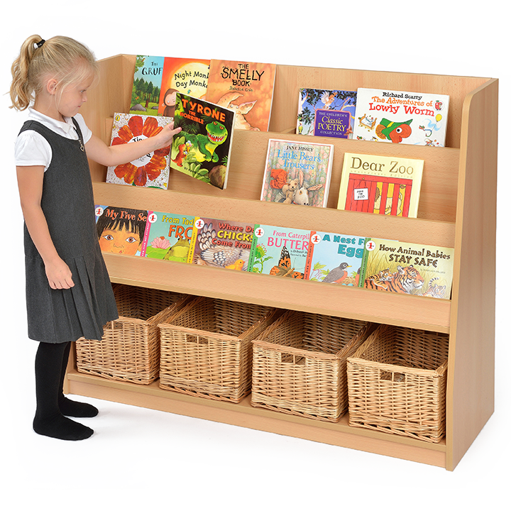 Beech faced MFC bookcase with books on display and additional baskets in cubby holes