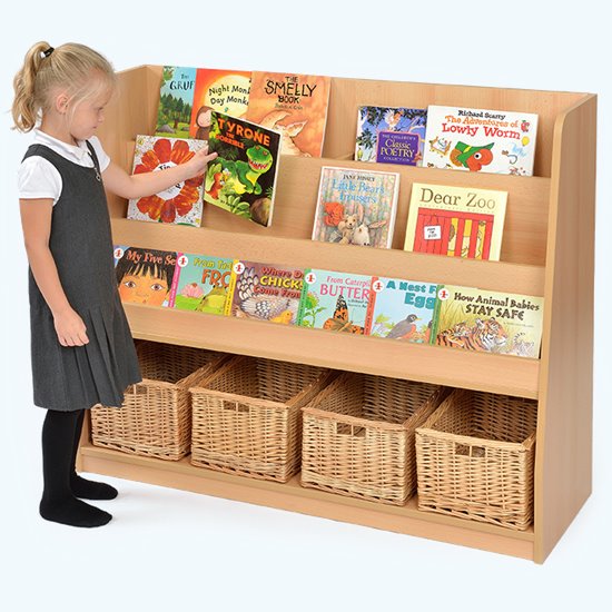 Beech faced MFC bookcase with books on display and additional baskets in cubby holes