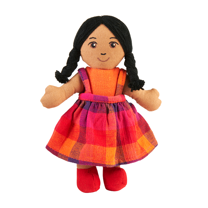 Soft multicultural doll with black hair and brown skin