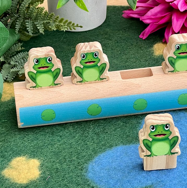 Close up of number frogs and log