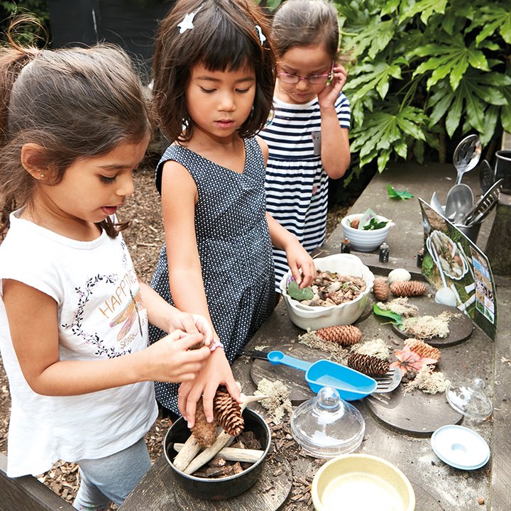 Children playing in the outdoor kitchen using activity cards