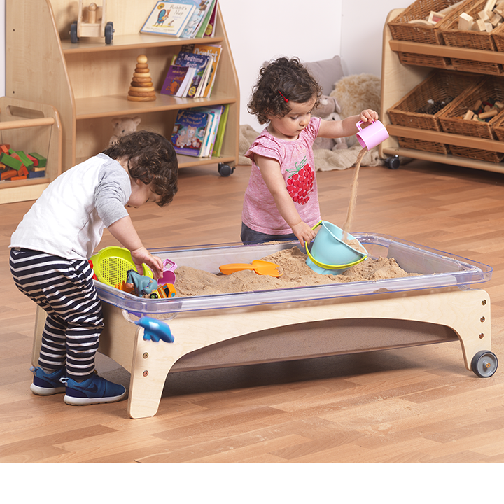 Two children frame with two wheels and two fixed legs and polycarbonate tray for sand or water