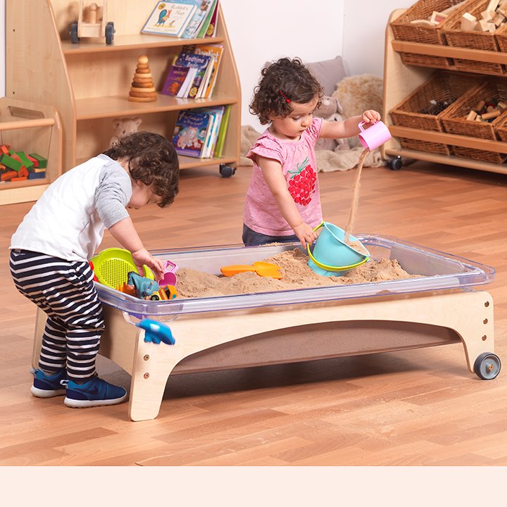 Two children frame with two wheels and two fixed legs and polycarbonate tray for sand or water