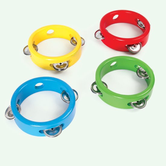 4 wooden tambourines - red, yellow, green and blue