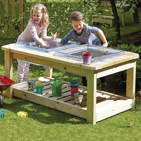 Children playing outdoors with twin tray unit