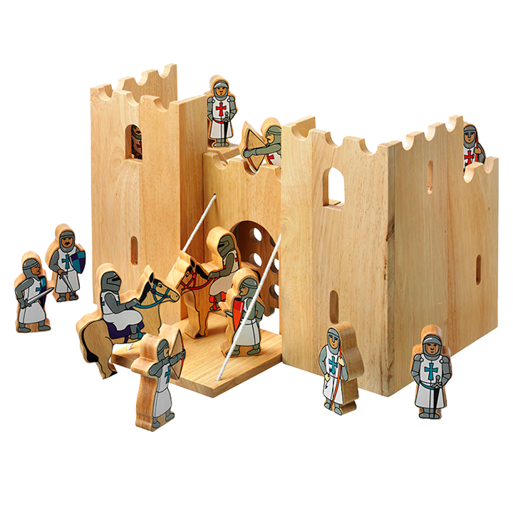 Castle set with drawbridge down and knights gathered around
