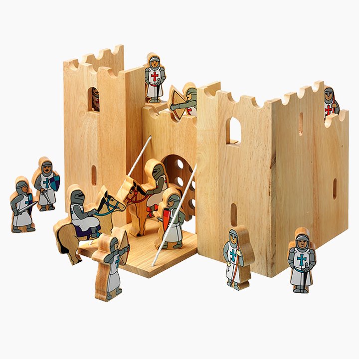 Castle set with drawbridge down and knights gathered around