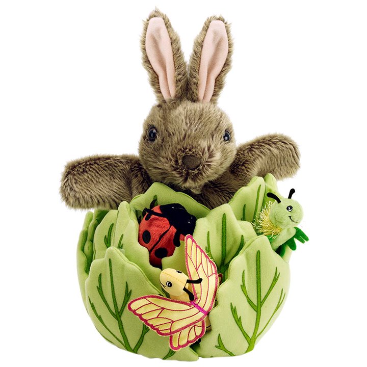Three mini beast finger puppets and a rabbit hand puppet in a lettuce leaf
