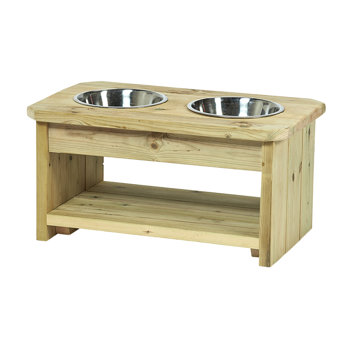 Wooden play kitchen with steel bowls