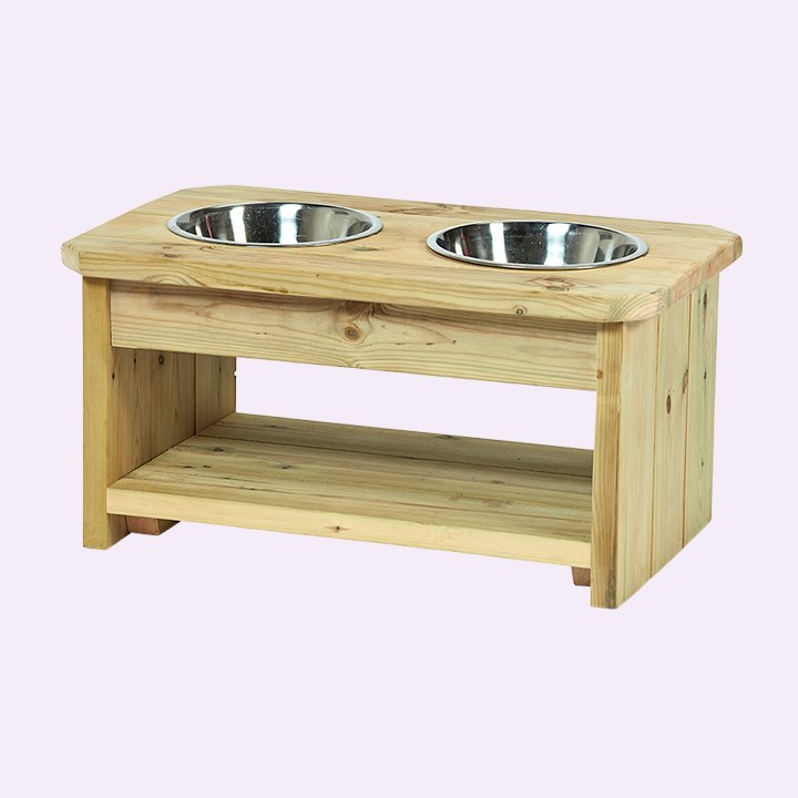 Wooden play kitchen with steel bowls