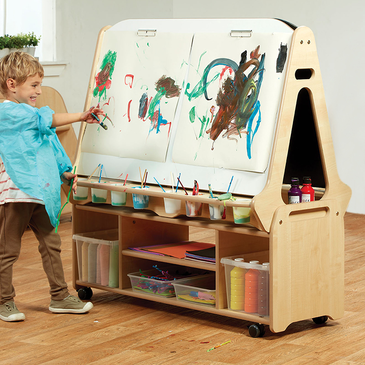 Double sided 2 in 1 Easel 4 station tall trolley Early Years Direct