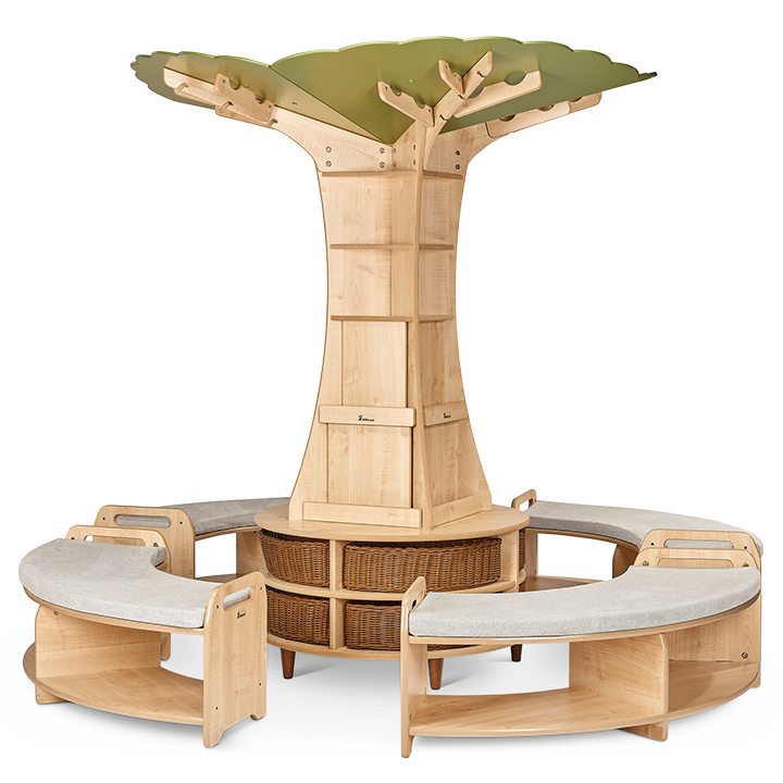 Tree shaped bookcase and storage benches