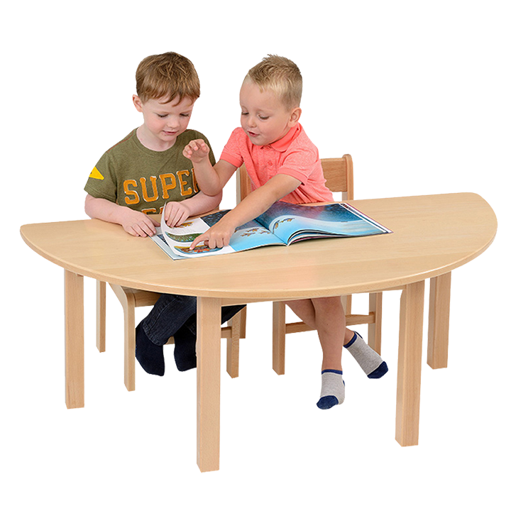 Two children at Crescent shape solid wood table