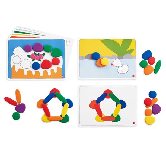 Collection of rainbow coloured pebbles and background cards