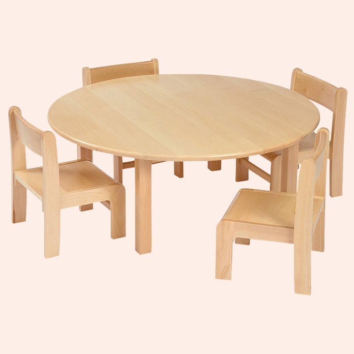 Solid wood round table with beech top and 4 matching chairs