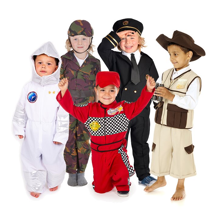A range of bi-stretch polyester action jobs costumes F1 driver, safari ranger, pilot, soldier and astronaut.