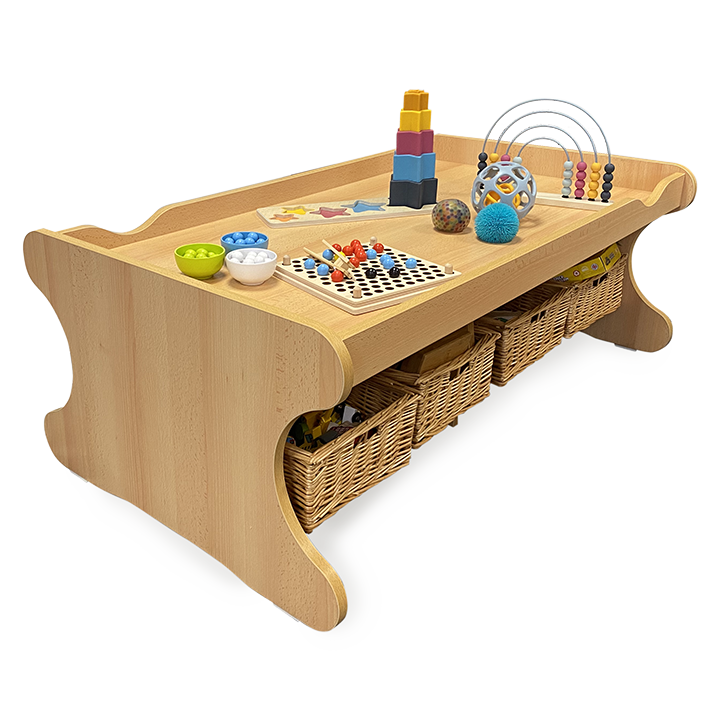 Wicker baskets under wooden lipped play table