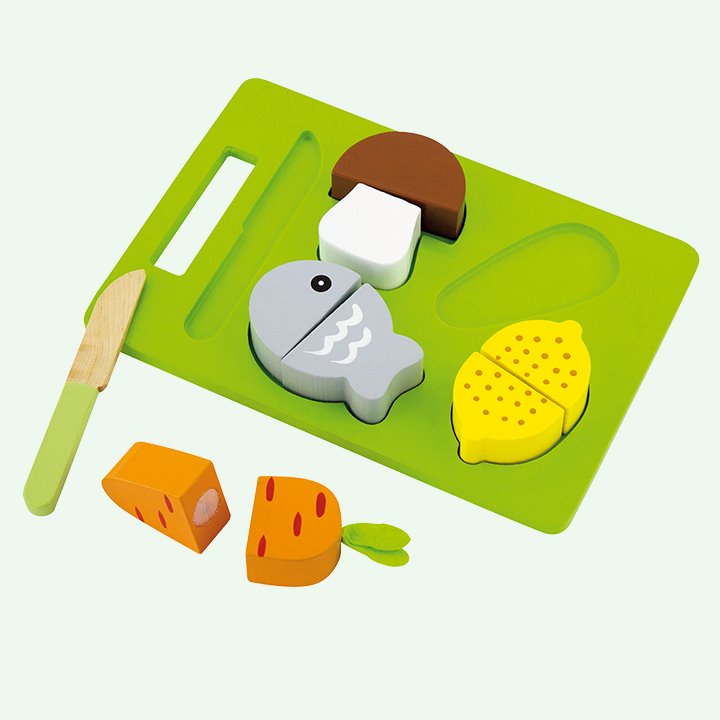 Cutting food, tray and knife.