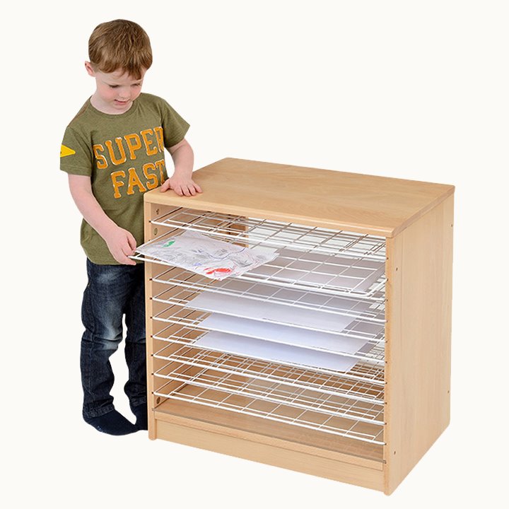 Boy with 10 pull-out plastic wire racks