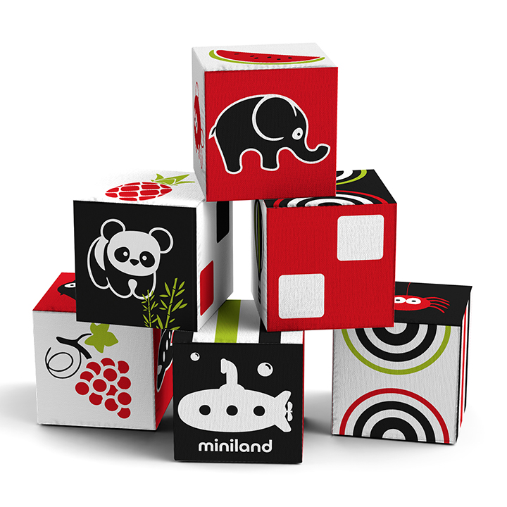 Six black white and red cubes