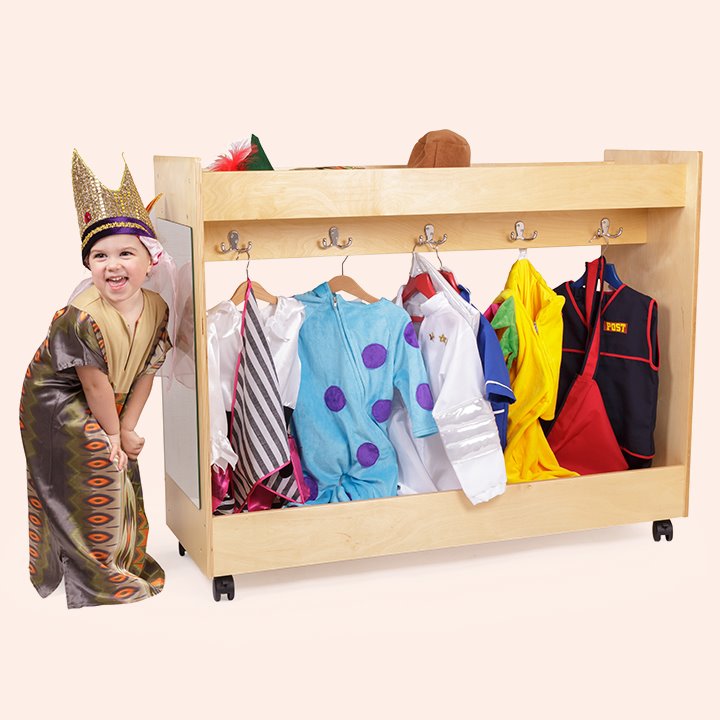 Dress up trolley with outfits hung up