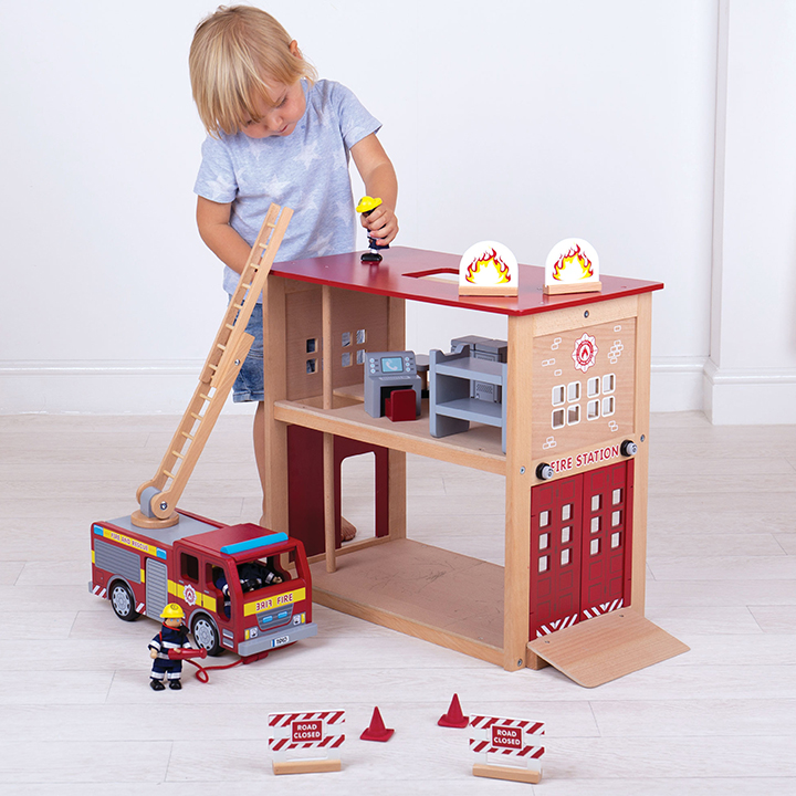Small world play set - fire fighters, fire station, fire engine and equipment