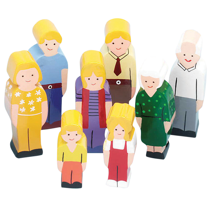 Wooden figures each family has 8 members and represents 3 generations