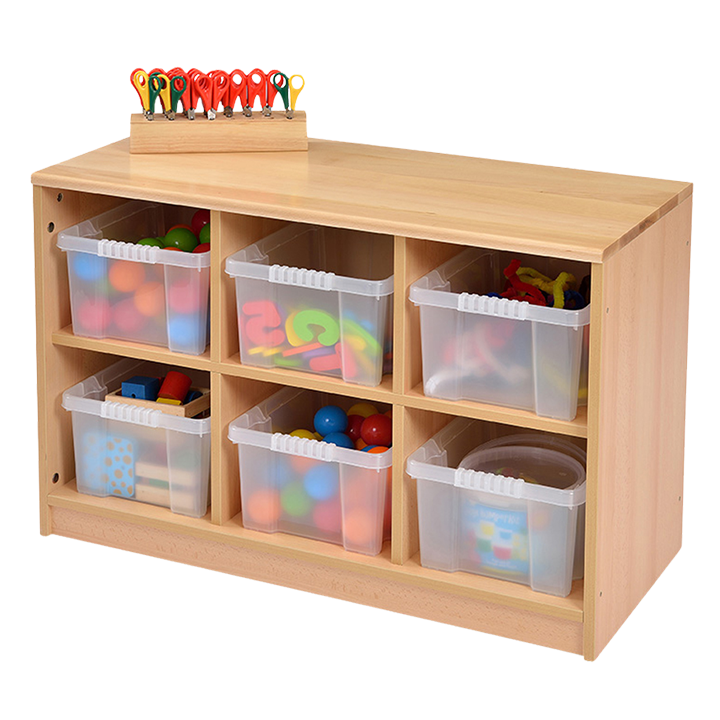 Six bins for storing resources in a cubby unit