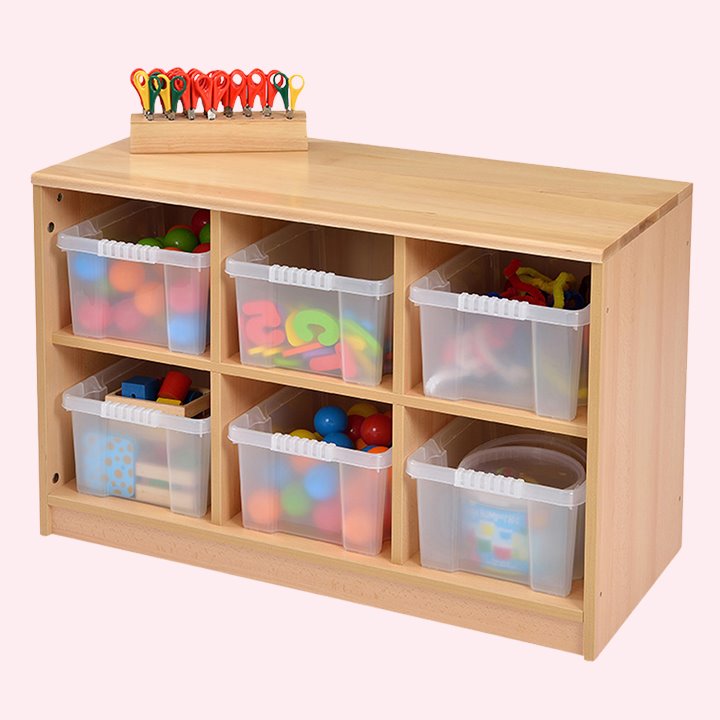 Six bins for storing resources in a cubby unit