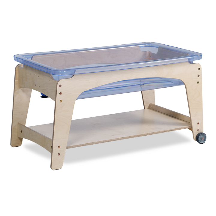 Adjustable frame with two wheels and two fixed legs and polycarbonate tray for sand or water